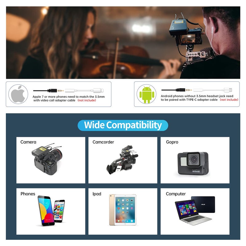 LENSGO Wireless Lavalier Microphone System, LWM-328C 99-Channel UHF Professional Omnidirectional Wireless Lapel Mic for Canon Nikon DSLR Camera Smartphone Camcorder Interview Video Recording (RX+TX) - Image 4